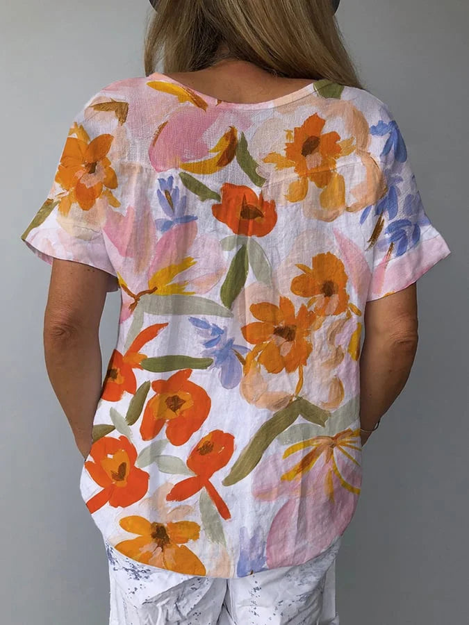 Elina Retro Floral Linen Top