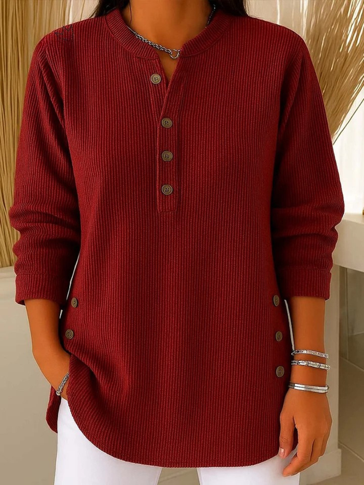 Eshani - Casual Ribbed Long Sleeve Henley Top With Button