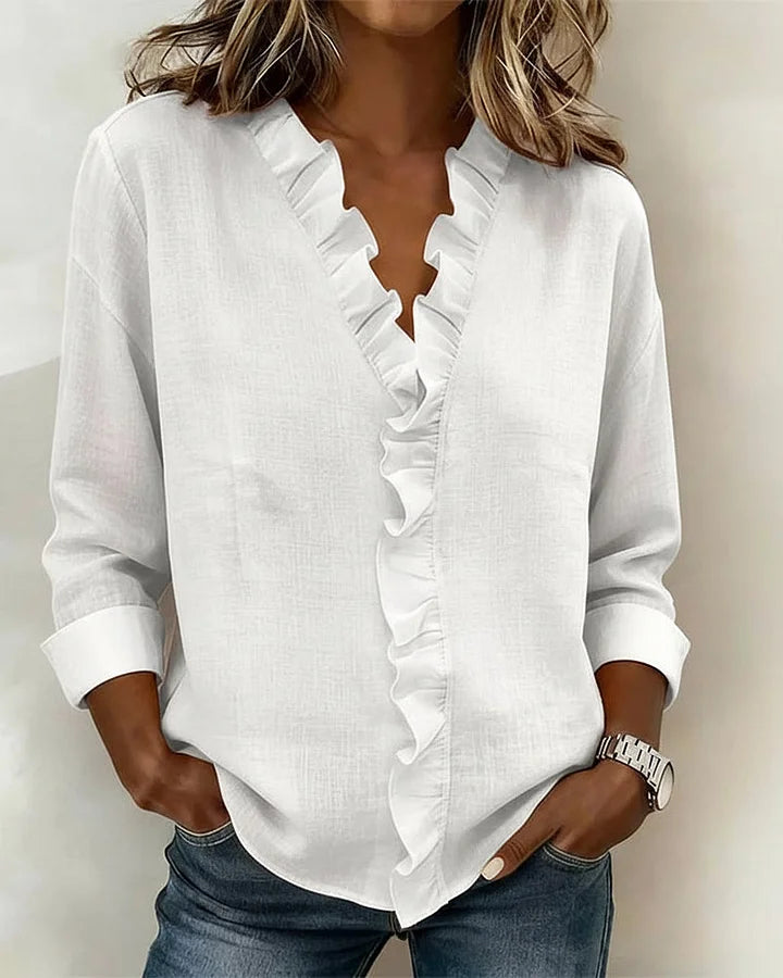 Aletta | Blouse with Ruffles, V-Neck and Long Sleeves