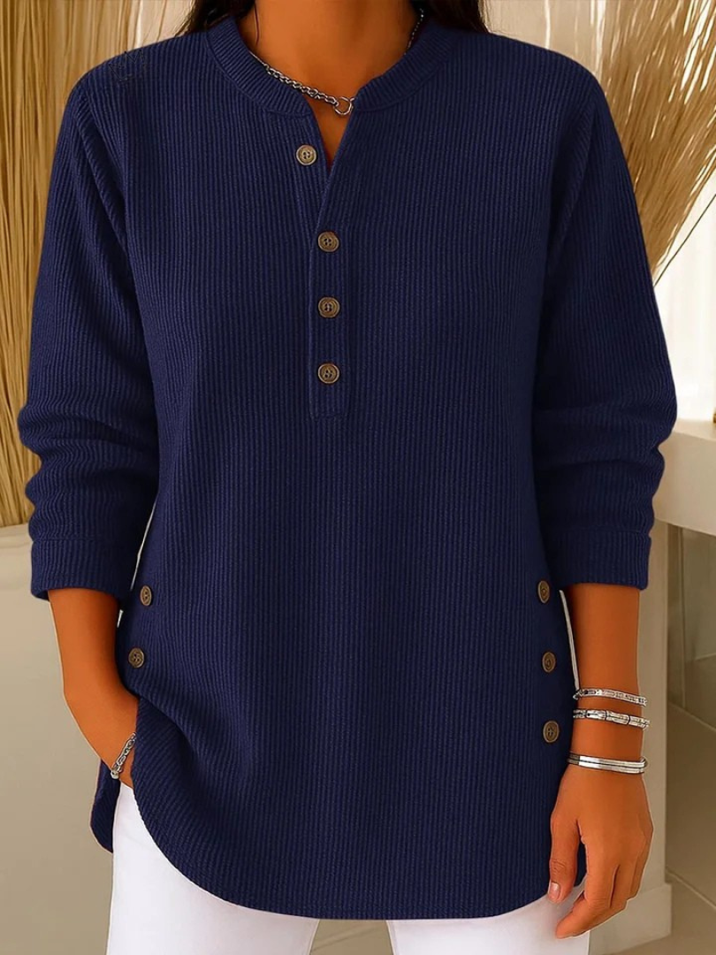 Eshani - Casual Ribbed Long Sleeve Henley Top With Button