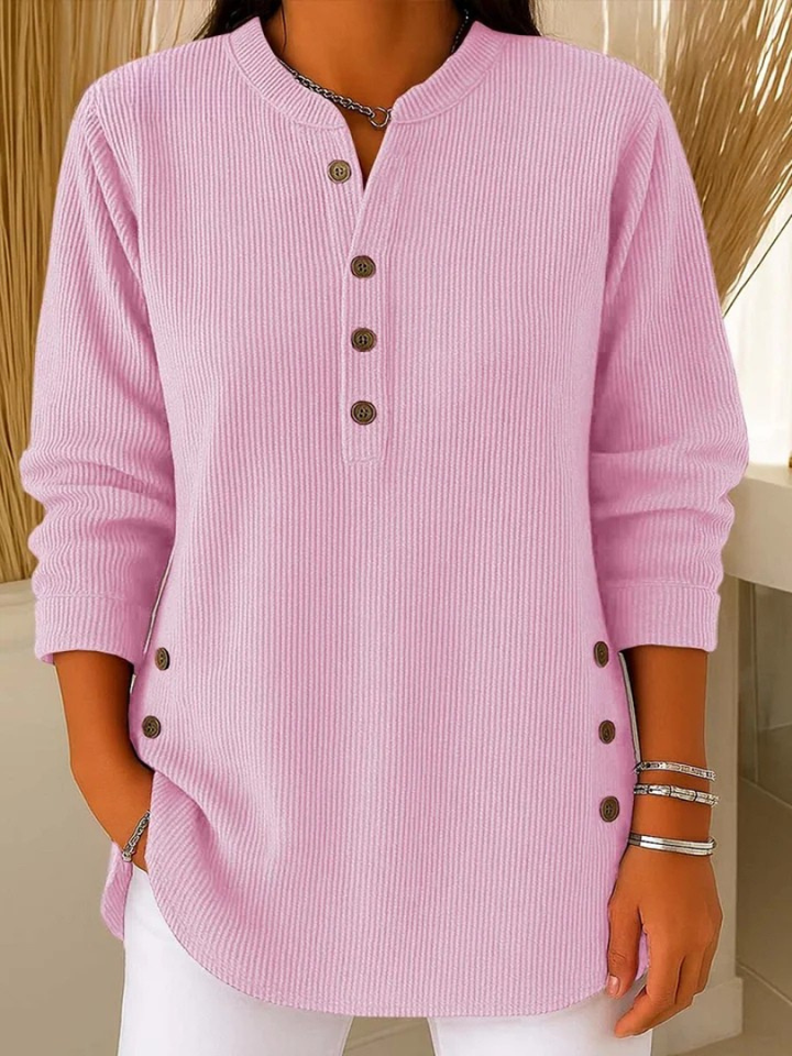 Eshani - Casual Ribbed Long Sleeve Henley Top With Button