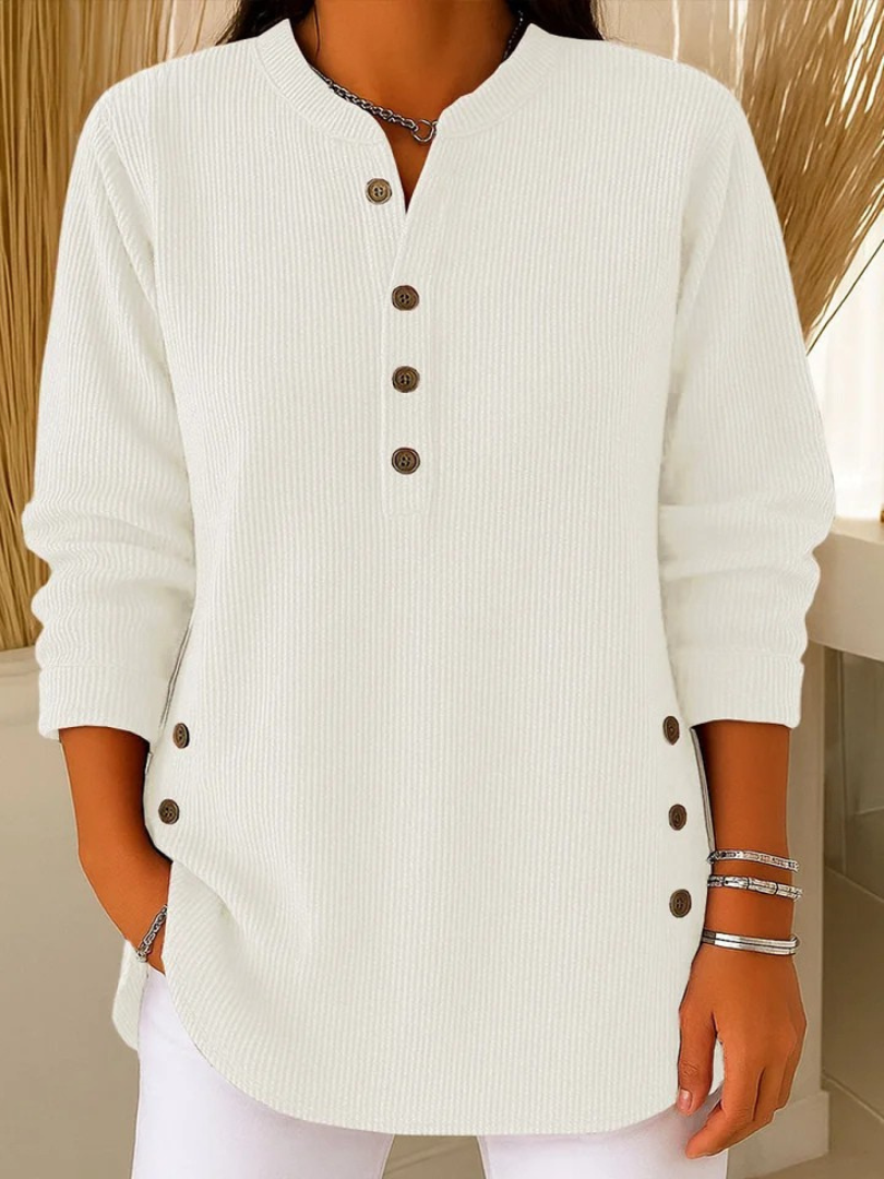 Eshani - Casual Ribbed Long Sleeve Henley Top With Button