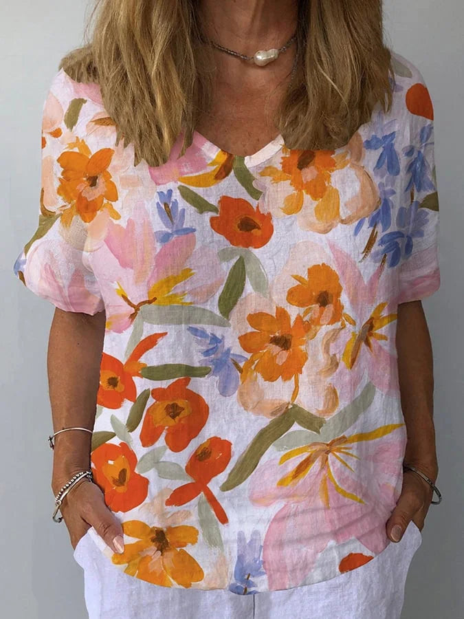 Elina Retro Floral Linen Top