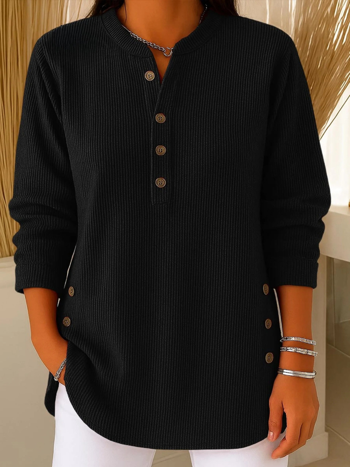 Eshani - Casual Ribbed Long Sleeve Henley Top With Button