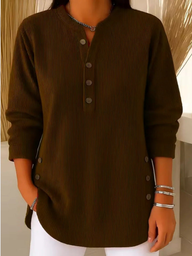 Eshani - Casual Ribbed Long Sleeve Henley Top With Button