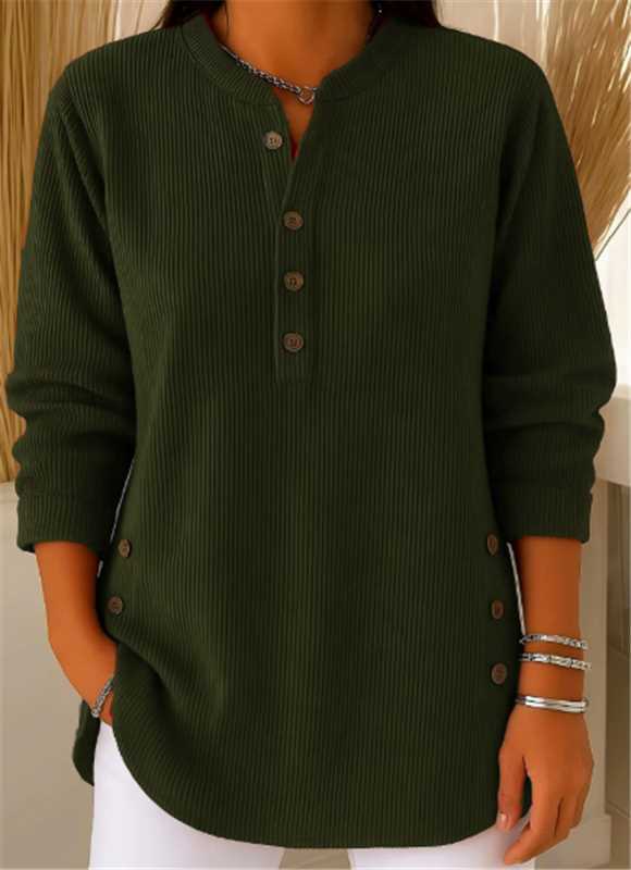 Eshani - Casual Ribbed Long Sleeve Henley Top With Button