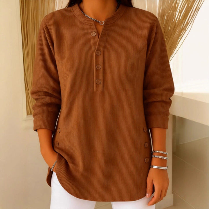 Eshani - Casual Ribbed Long Sleeve Henley Top With Button