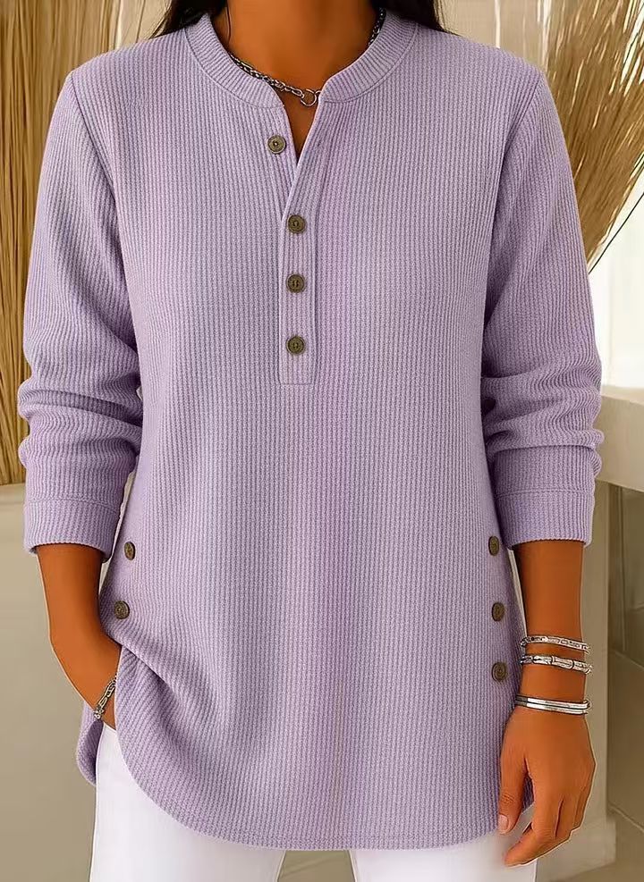 Eshani - Casual Ribbed Long Sleeve Henley Top With Button