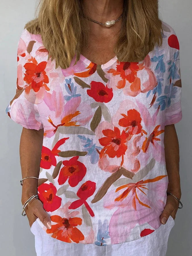 Elina Retro Floral Linen Top